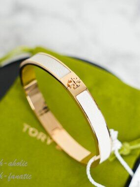 Tory Burch Slim Leather Inlay Cuff Hinged Bangle Bracelet Gold/White NWT